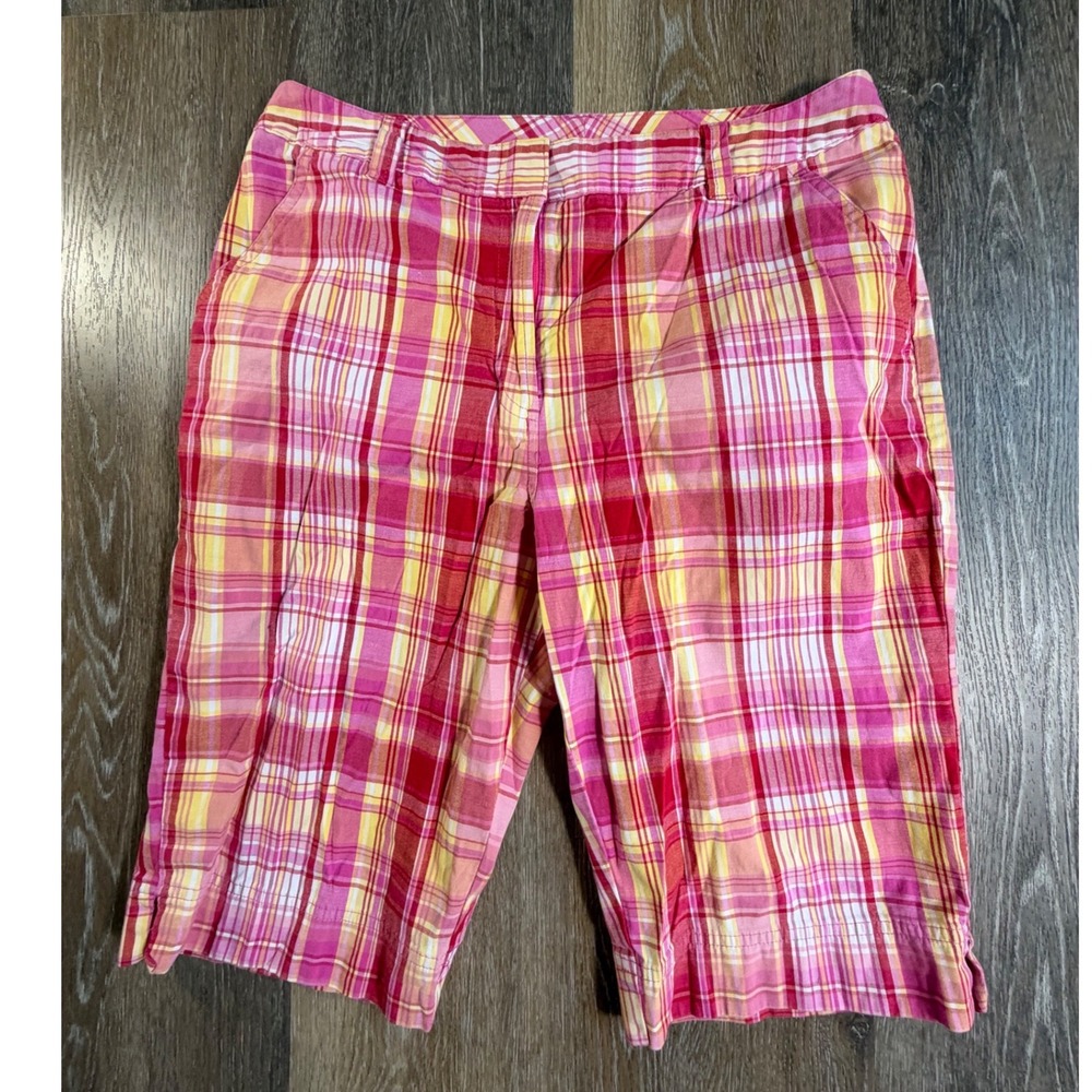 Kim Rogers Shorts Womens 10 Pink Yellow Plaid Bermuda Stretch Casual Pockets
